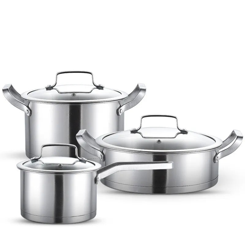 3pcs 430 Stainless Steel Pot Set Thickened Right Angle Soup Pot Milk Pot Fry Pot Household Right-Angle Steamer Kitchen Utensils